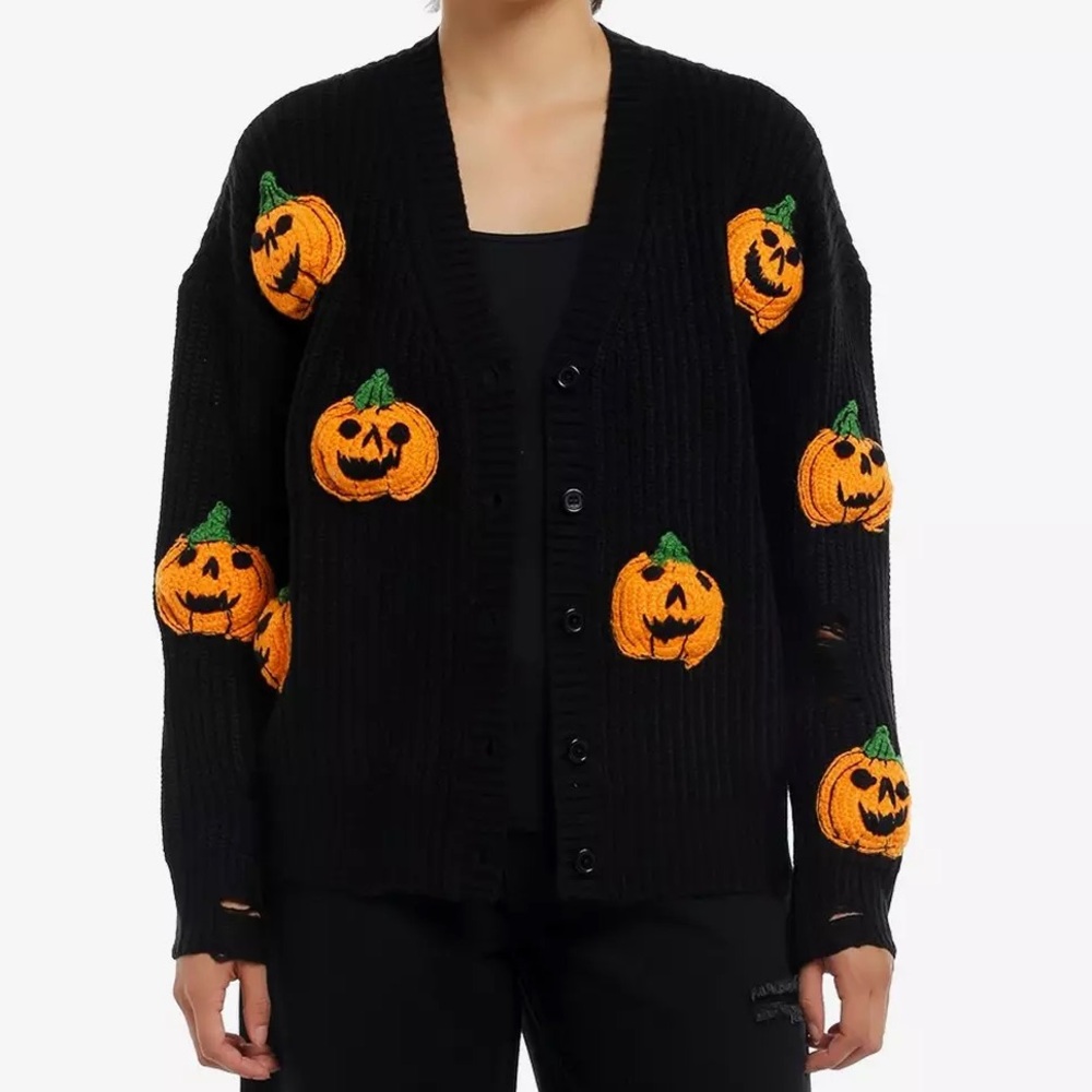 Social Collision‎ 3D Pumpkin Destructed Knit Cardigan Hot Topic Halloween